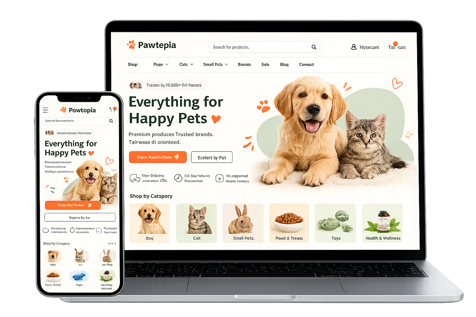 Pawtopia responsive website preview on laptop and phone